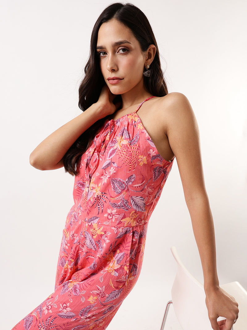 DL Woman Coral Halter Neck Floral Printed Jumpsuit