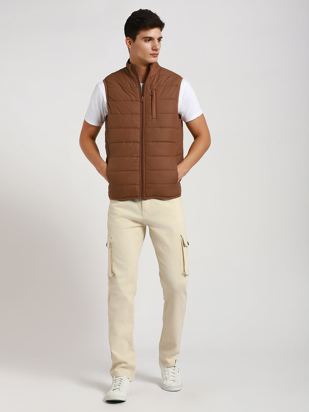 Dennis Lingo Men's Oxford Tan Solid Quilted High Neck Sleeveless Gillet Jackets