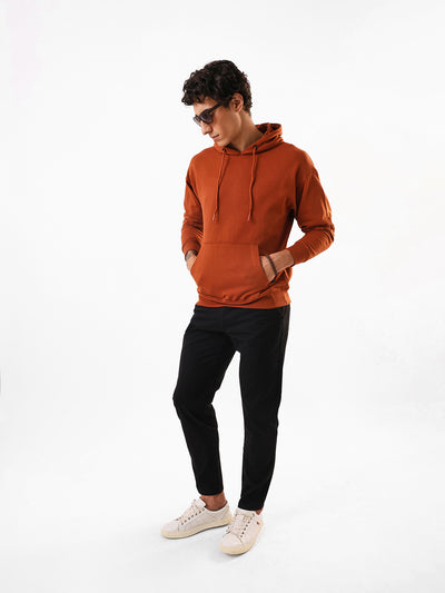 Men's Brown Solid Hooded Pullover Fleece Sweatshirt