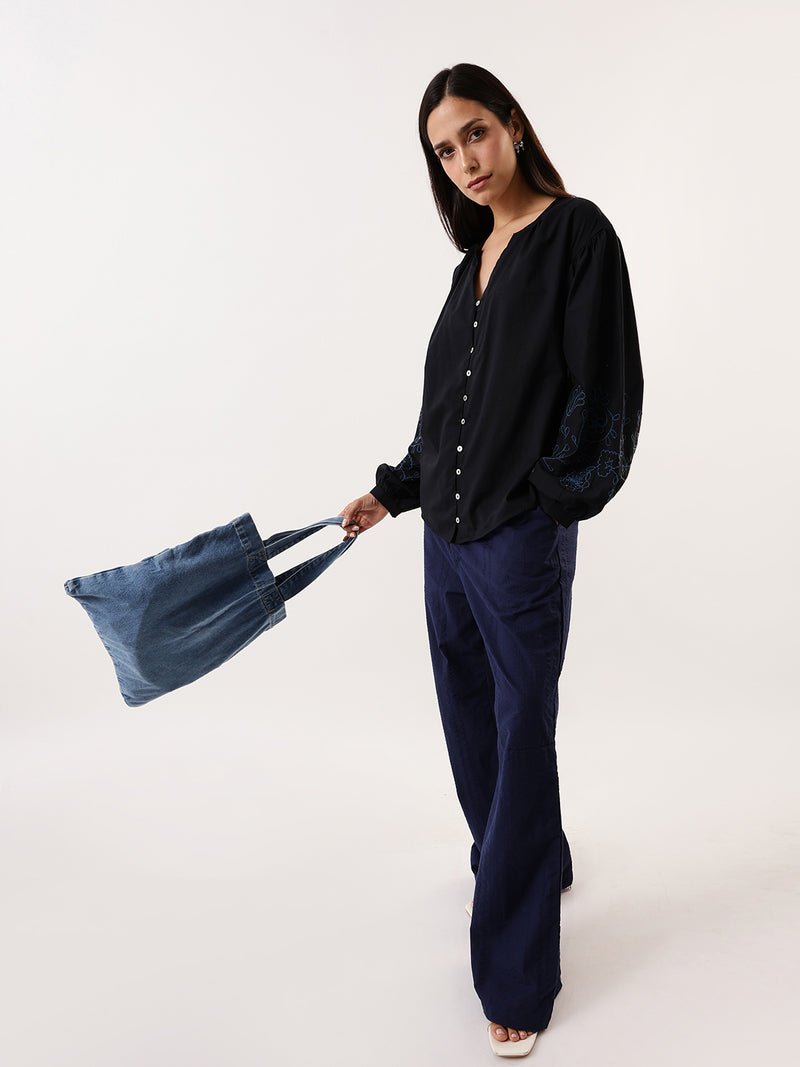 DL Woman Solid Embroidered Sleeves Mandarin Collar Top
