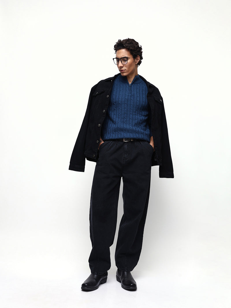 Men's Cable Knit Solid Mock Collar Pullover Sweater