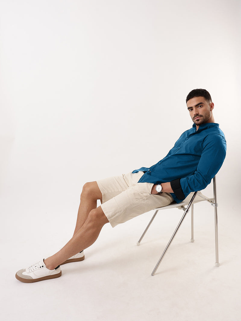Men Teal Solid Mandarin Collar Full Sleeves Regular Fit Casual Shirt