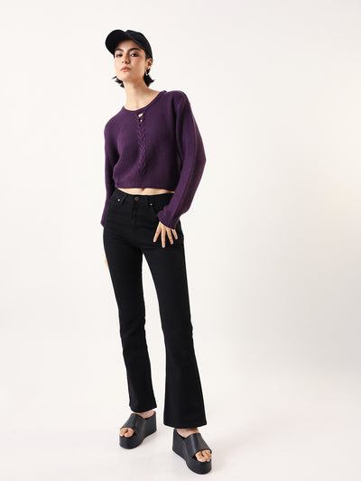 DL Woman Solid Round Neck Full Sleeves Cable Knit Sweater