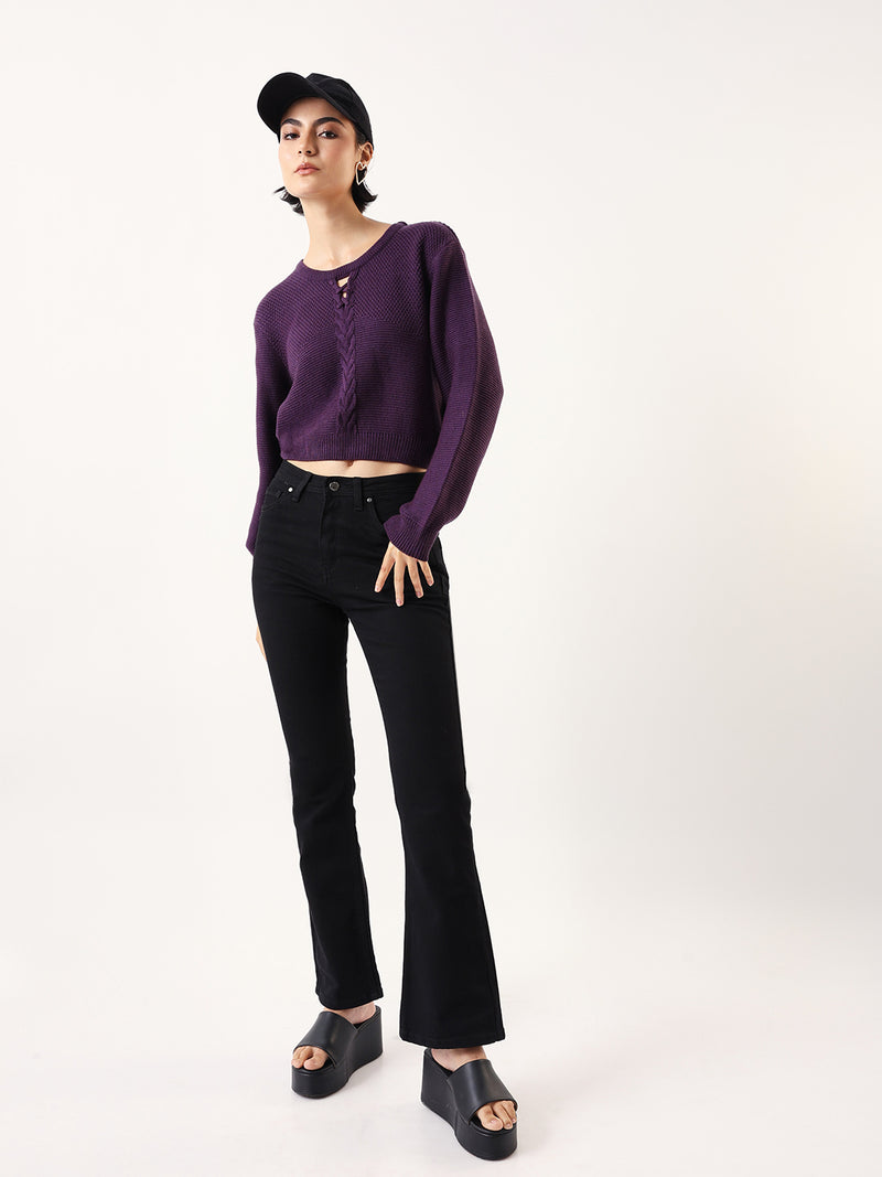 DL Woman Solid Round Neck Full Sleeves Cable Knit Sweater