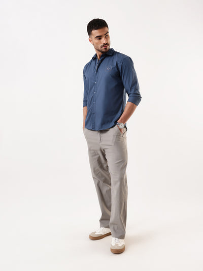 Men Blue Solid Spread Collar Embroidered Shirt