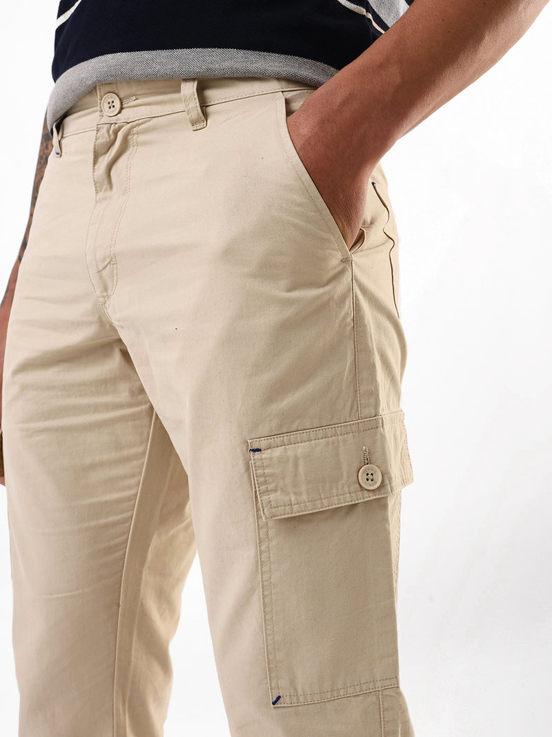 Men's Beige Solid Slim Fit Cargo Trouser