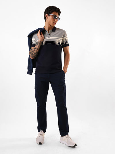 Men's Navy Striped Polo Collar Relaxed Fit T-shirt