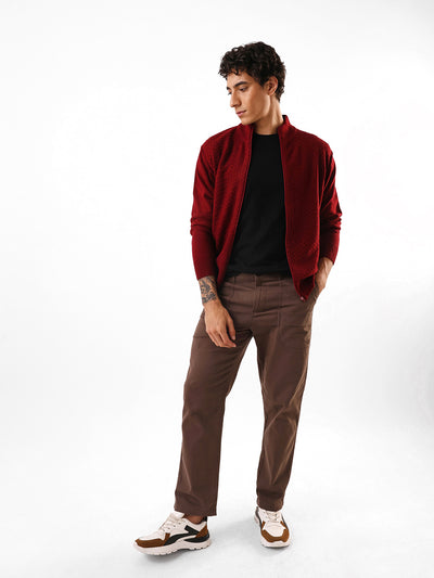 Men's Maroon Solid Self Design Mock Collar Front-Open Sweater