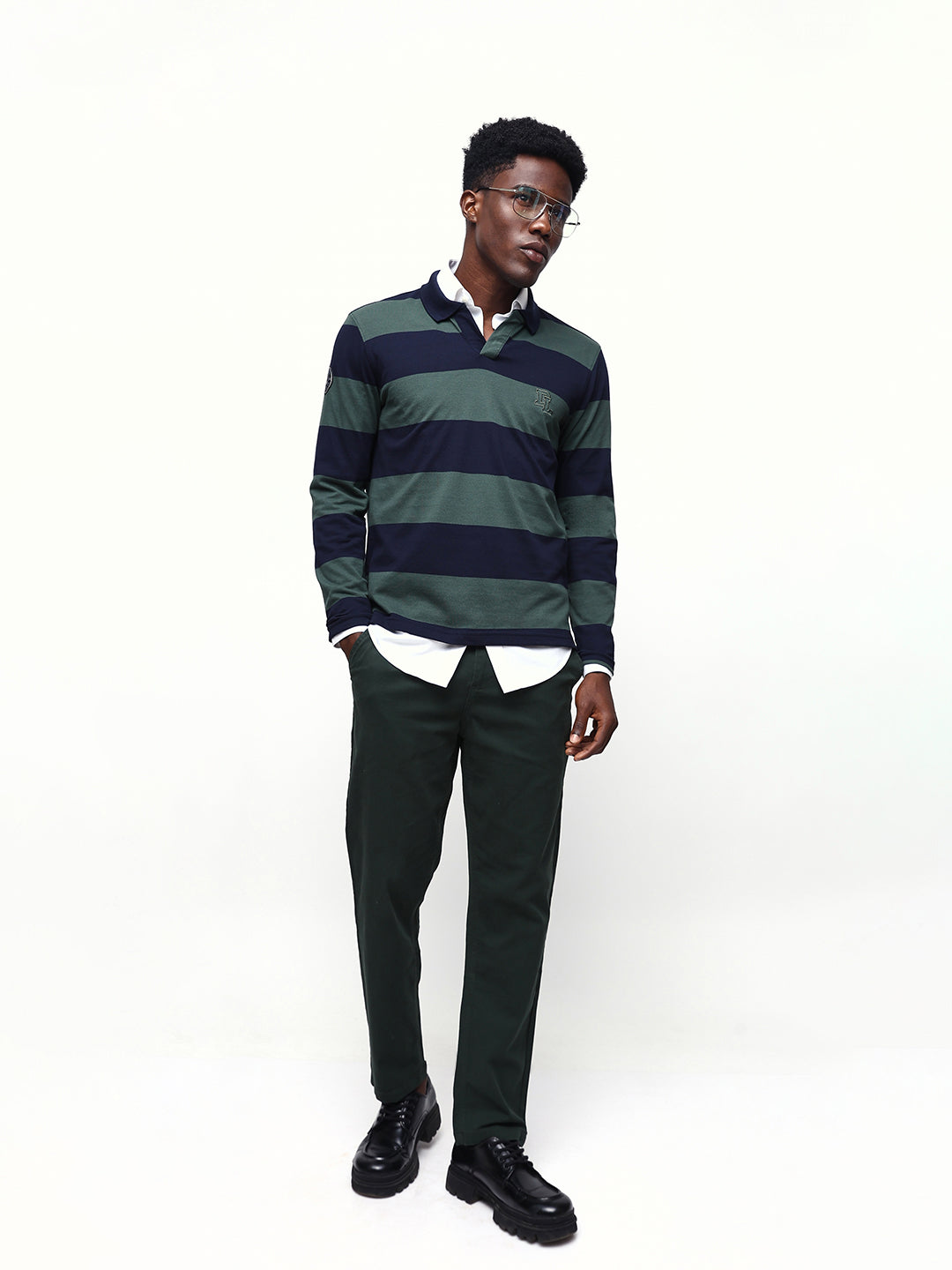 Men's Striped Polo Neck Full Sleeves Relaxed Fit T-shirt