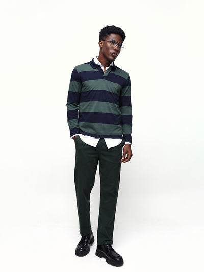 Men's Striped Polo Neck Full Sleeves Relaxed Fit T-shirt