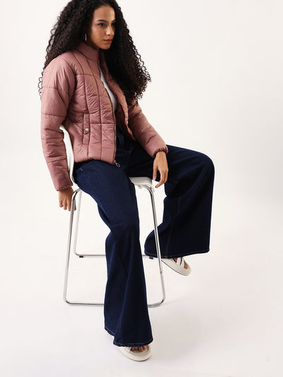 DL Woman Dusty Pink Solid Stand Collar Full sleeves Puffer Jacket