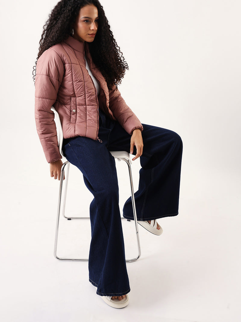 DL Woman Dusty Pink Solid Stand Collar Full sleeves Puffer Jacket