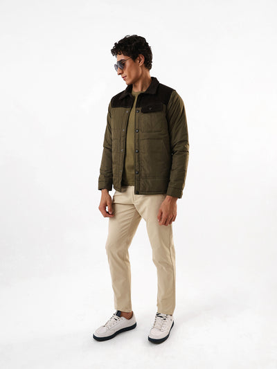 Men's Black & Olive Colourblocked Spread Collar Full Sleeves Puffer Jacket