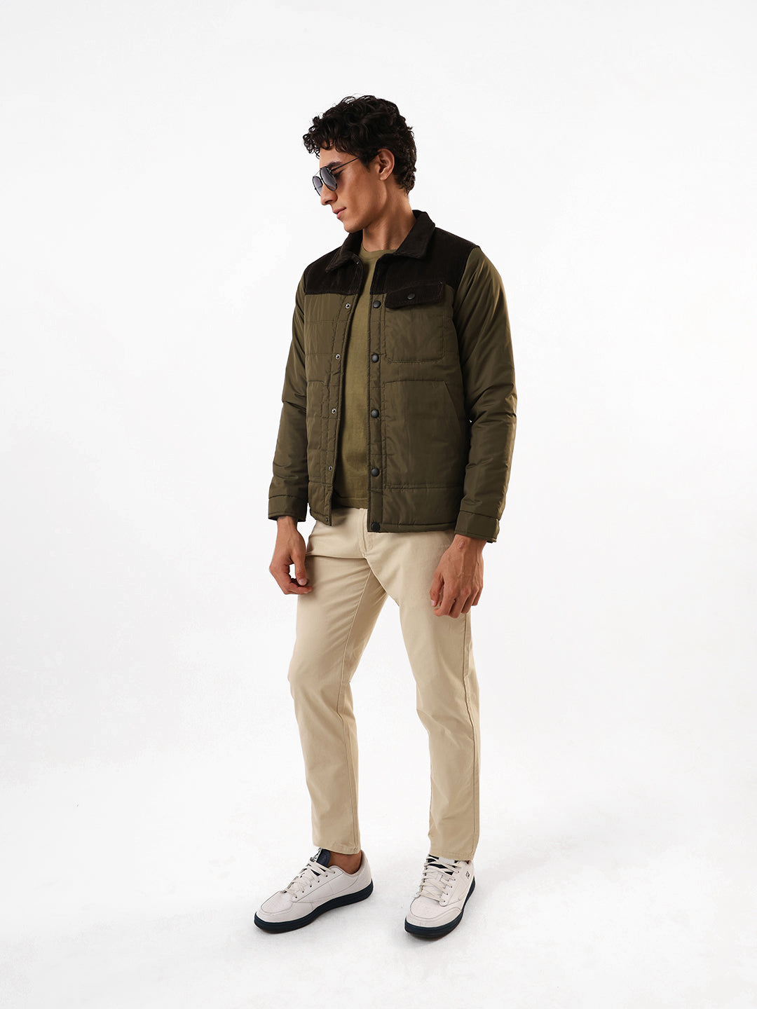 Men's Black & Olive Colourblocked Spread Collar Full Sleeves Puffer Jacket