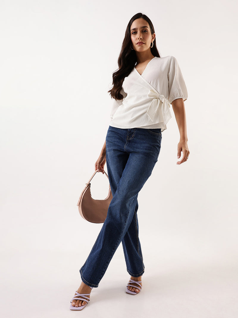 DL Woman White Solid Textured V-Neck Half Sleeves Tie-Up Top