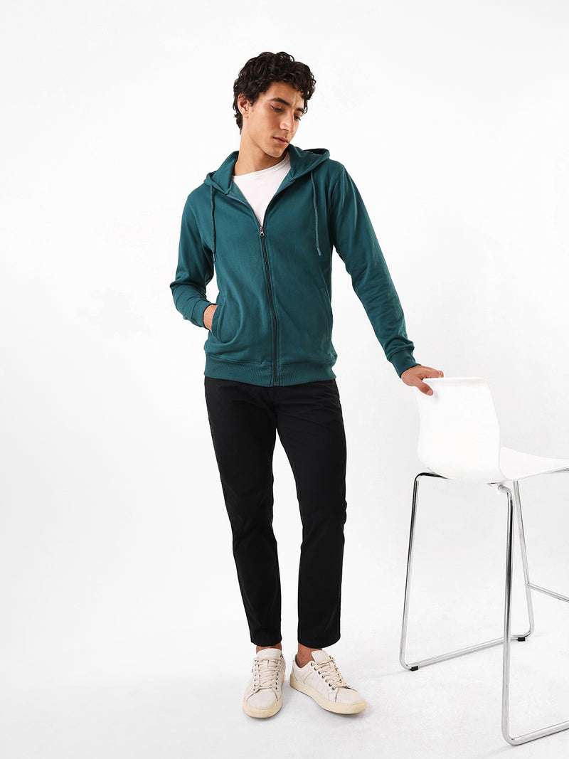 Men's Teal Solid Hooded Front-Open Fleece Sweatshirt