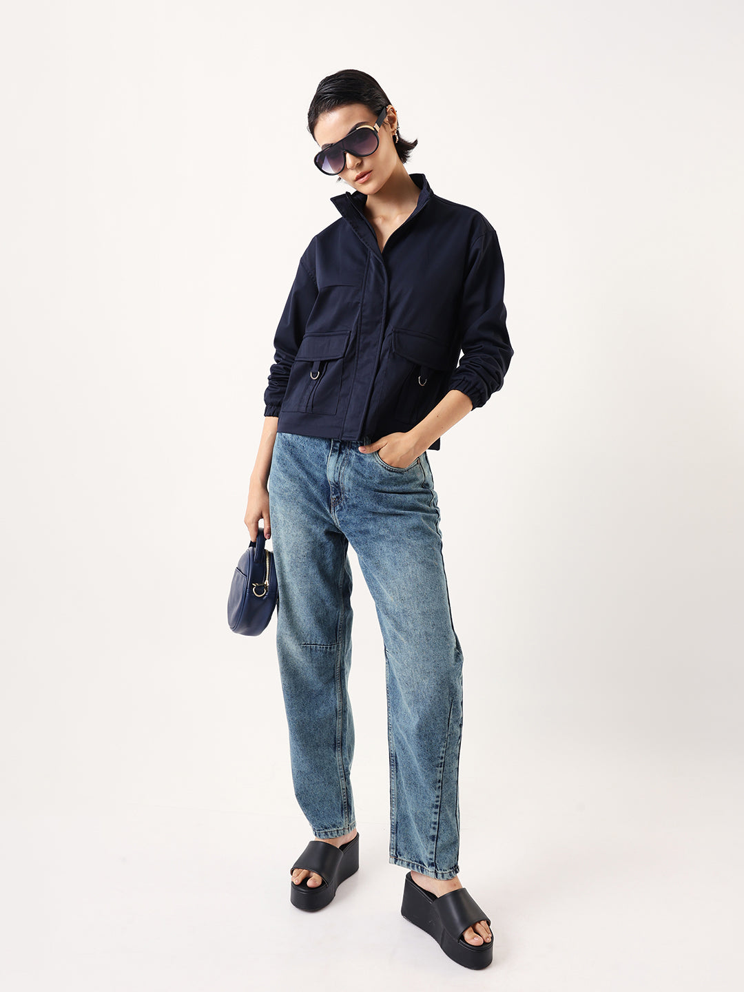 DL Woman Denim Blue Solid Mock Collar Full Sleeves Jacket