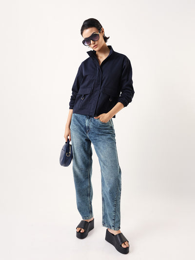 DL Woman Denim Blue Solid Mock Collar Full Sleeves Jacket