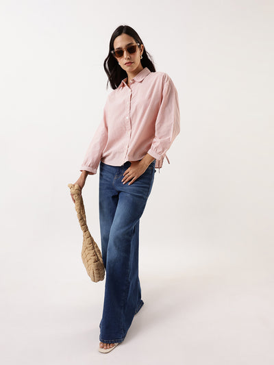 DL Woman Orange Striped Spread Collar Full Sleeves Relaxed Fit Tie-Up Shirt