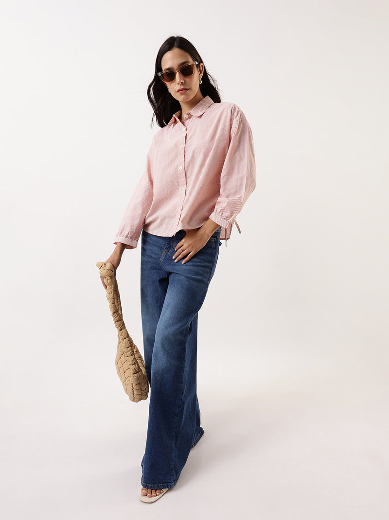 DL Woman Orange Striped Spread Collar Full Sleeves Relaxed Fit Tie-Up Shirt