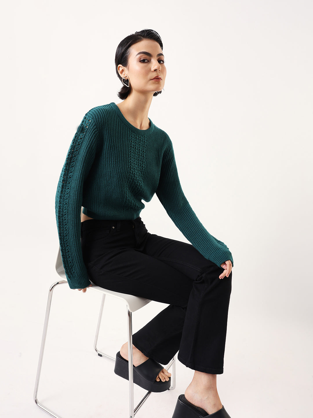 Solid Round Neck Full Sleeves Crochet Sweater