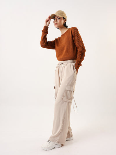 DL Woman Solid Round Neck Pointelle Knit Sweater