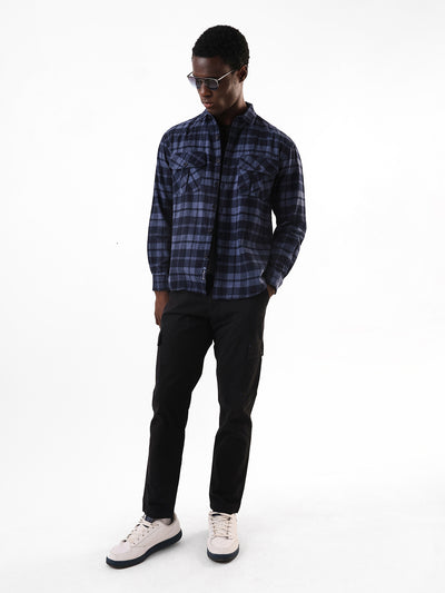 Men's Navy Flannel Checks Spread Collar Relaxed Fit Casual Shirt