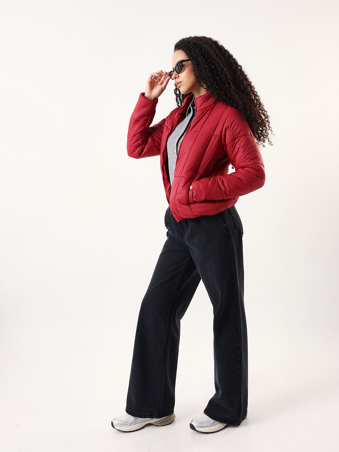 DL Woman Maroon Solid Stand Collar Full sleeves Puffer Jacket