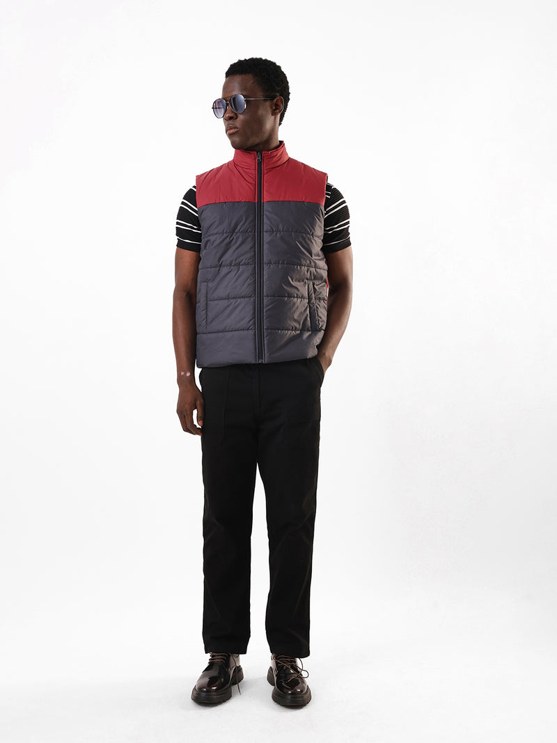 Men's Maroon & Navy Colourblocked Mock Collar Sleeveless Gilet Jacket