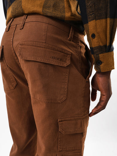 Men's Brown Solid Cotton Relaxed Fit Mid-Rise Cargo Trousers