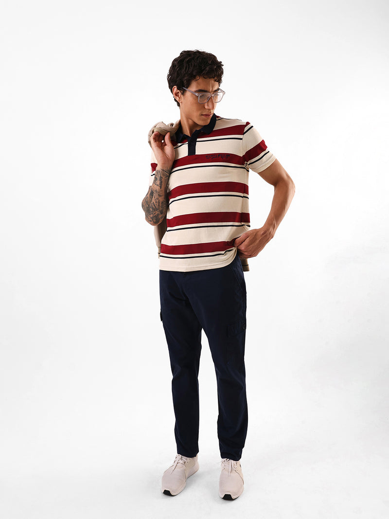 Men's Off White Striped Polo Collar Relaxed Fit T-shirt
