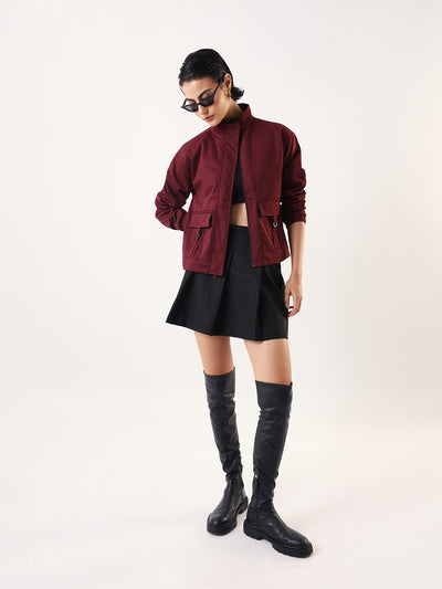 DL Woman Cream Solid Mock Collar Full Sleeves Jacket