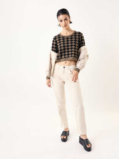 DL Woman Diamond Checks Round Neck Full Sleeves Sweater