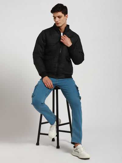 Men's High Neck Regular Fit Solid Quilted Navy Jackets