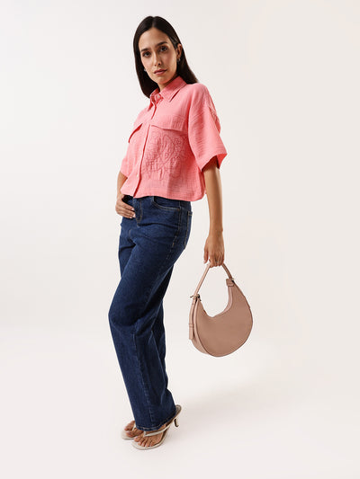DL Woman Pink Embroidered Half Sleeves Spread Collar Textured Boxy Shirt
