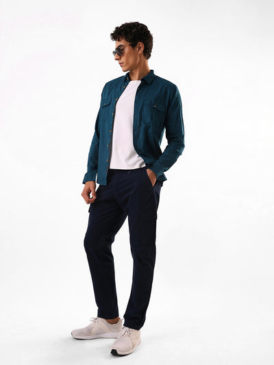 Men's Navy Solid Textured Spread Collar Regular Fit Casual Shirt