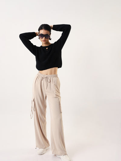 DL Woman Solid Round Neck Full Sleeves Cable Knit Sweater