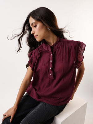 DL Woman Mauve Solid Textured Sleeveless Round Neck Ruffle Top