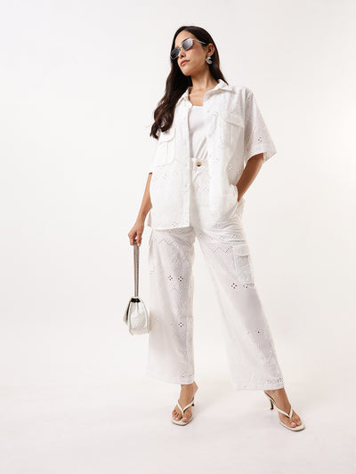 DL Woman White Schiffli Half Sleeves Shirt with Trousers Co-ords