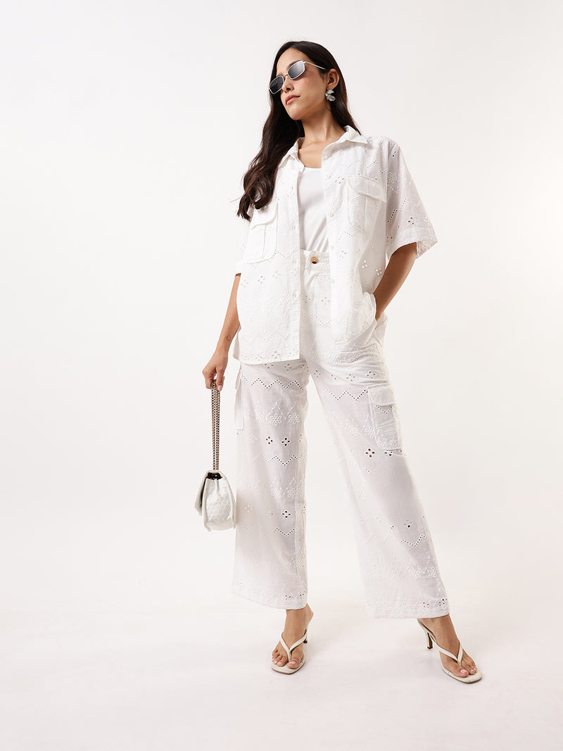 DL Woman White Schiffli Half Sleeves Shirt with Trousers Co-ords