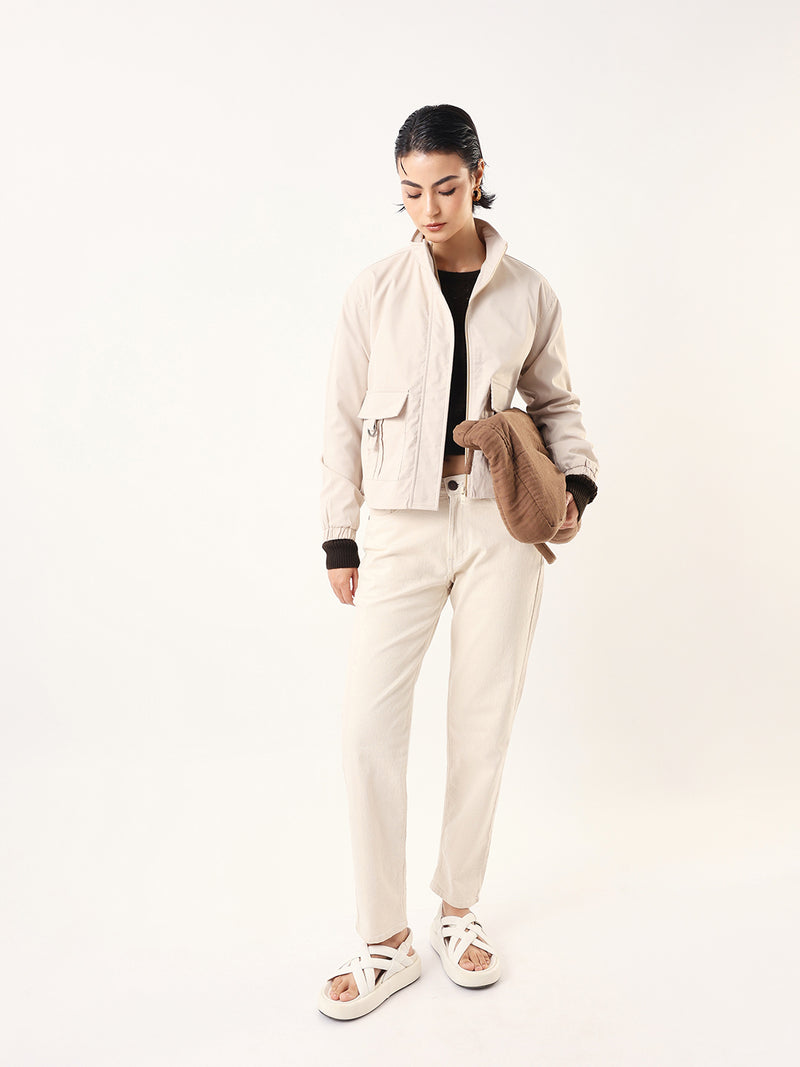DL Woman Wine Solid Mock Collar Full Sleeves Jacket