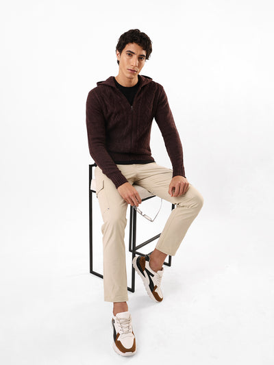 Men's Solid Cable Knit Hooded Front-Open Sweater