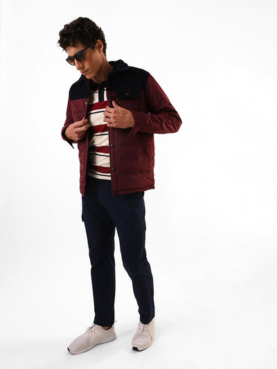 Men's Black & Maroon Colourblocked Spread Collar Full Sleeves Puffer Jacket