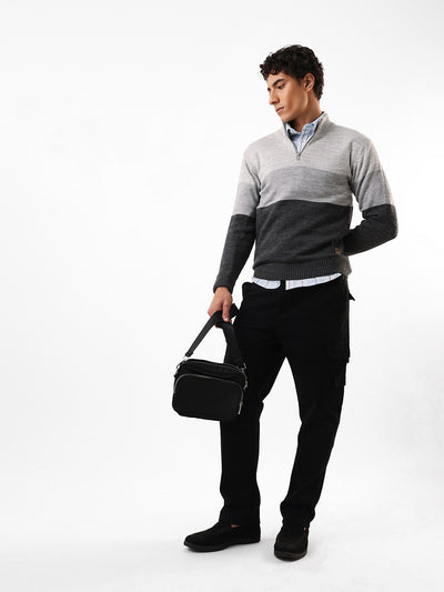 Men's Colourblocked Mock Collar Pullover Sweater