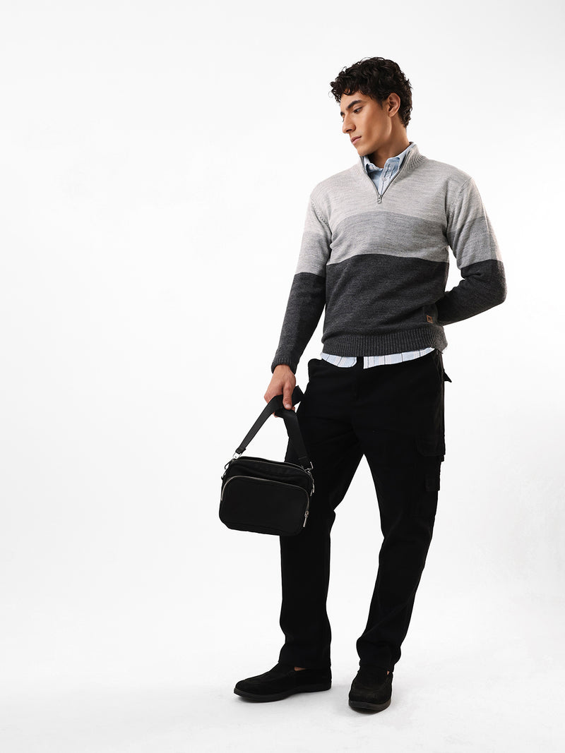 Men's Colourblocked Mock Collar Pullover Sweater
