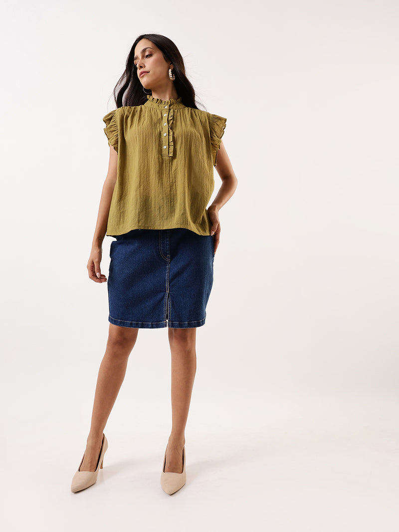 DL Woman Olive Solid Textured Sleeveless Round Neck Ruffle Top