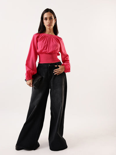 DL Woman Pink Solid Round Neck Elasticated Top
