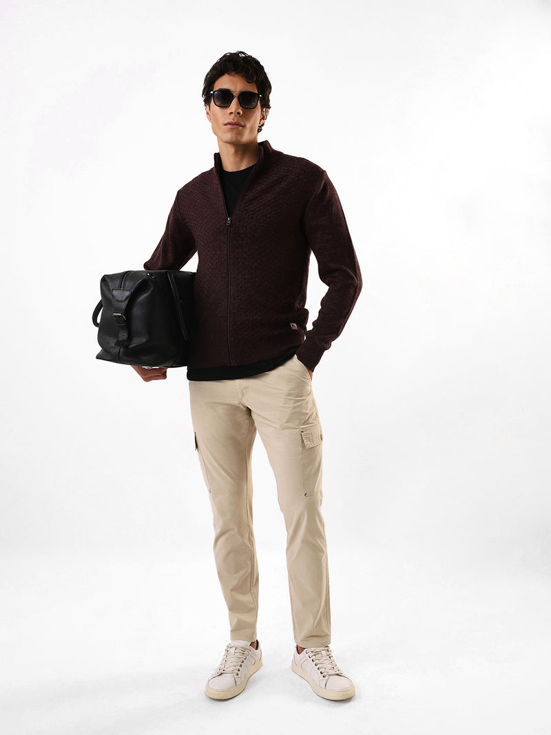 Men's Brown Solid Self Design Mock Collar Front-Open Sweater
