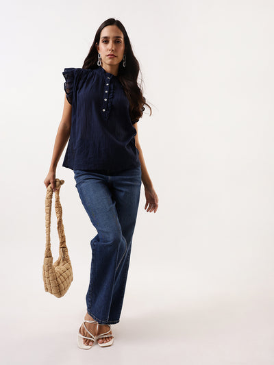 DL Woman Navy Solid Textured Sleeveless Round Neck Ruffle Top