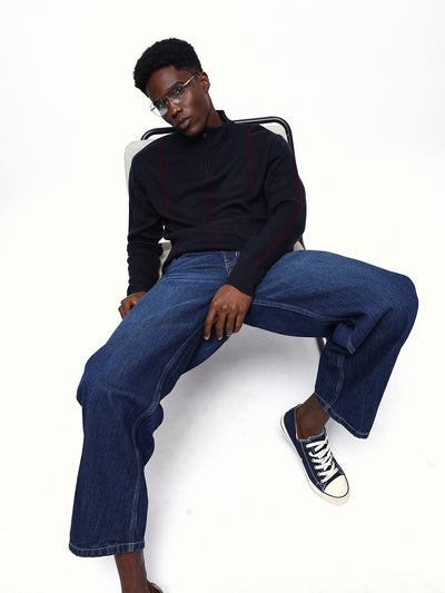 Men's Striped Mock Collar Pullover Sweater